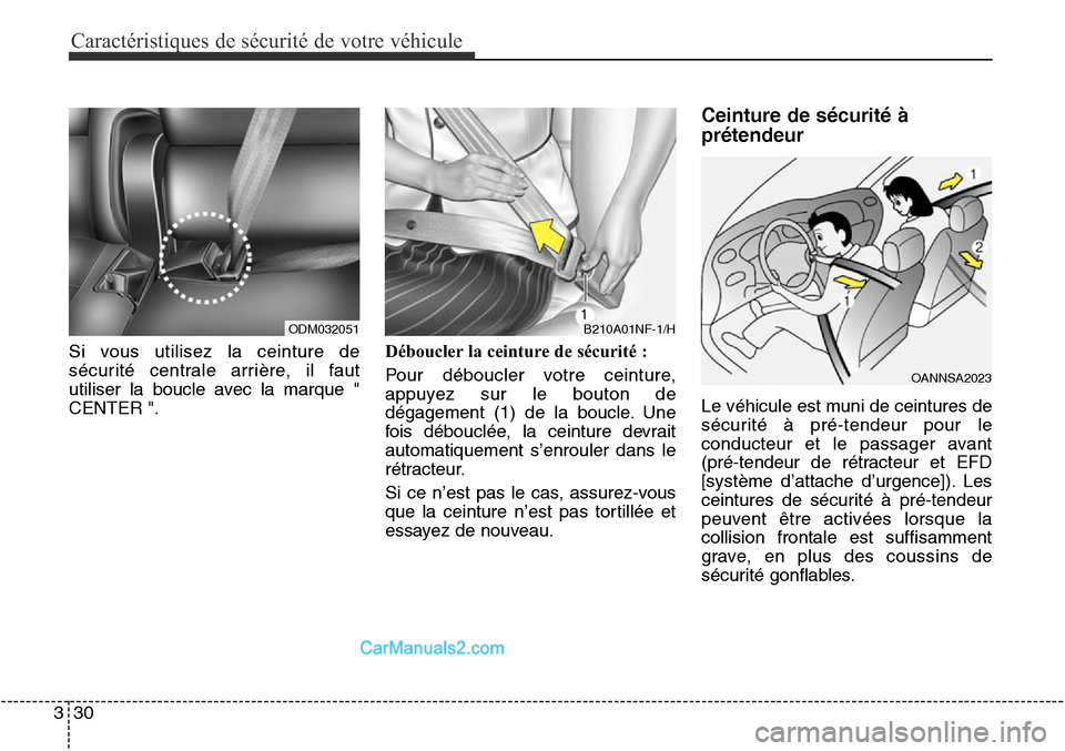 Hyundai Santa Fe Sport 2016 Manuel du propriétaire (in French) Caractéristiques de sécurité de votre véhicule
30
3
Si vous utilisez la ceinture de
sécurité centrale arrière, il faut
utiliser la boucle avec la marque "
CENTER ". Déboucler la ceinture de sà Hyundai Santa Fe Sport 2016 Manuel du propriétaire (in French) Caractéristiques de sécurité de votre véhicule
30
3
Si vous utilisez la ceinture de
sécurité centrale arrière, il faut
utiliser la boucle avec la marque "
CENTER ". Déboucler la ceinture de sÃ