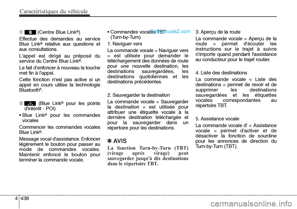 Hyundai Santa Fe Sport 2016  Manuel du propriétaire (in French) Caractéristiques du véhicule
438
4
➀ (Centre Blue Link®)
Effectue des demandes au service
Blue Link
®relative aux questions et
aux consultations.
Lappel est dirigé au préposé du
service du C