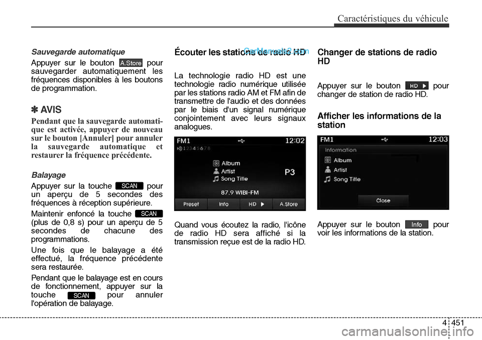 Hyundai Santa Fe Sport 2016  Manuel du propriétaire (in French) 4451
Caractéristiques du véhicule
Sauvegarde automatique
Appuyer sur le bouton  pour
sauvegarder automatiquement les
fréquences disponibles à les boutons
de programmation.
✽AVIS
Pendant que la s