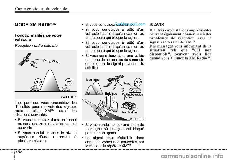 Hyundai Santa Fe Sport 2016  Manuel du propriétaire (in French) Caractéristiques du véhicule
452
4
MODE XM RADIOMC
Fonctionnalités de votre
véhicule
Réception radio satellite
Il se peut que vous rencontriez des
difficultés pour recevoir des signaux
radio sat