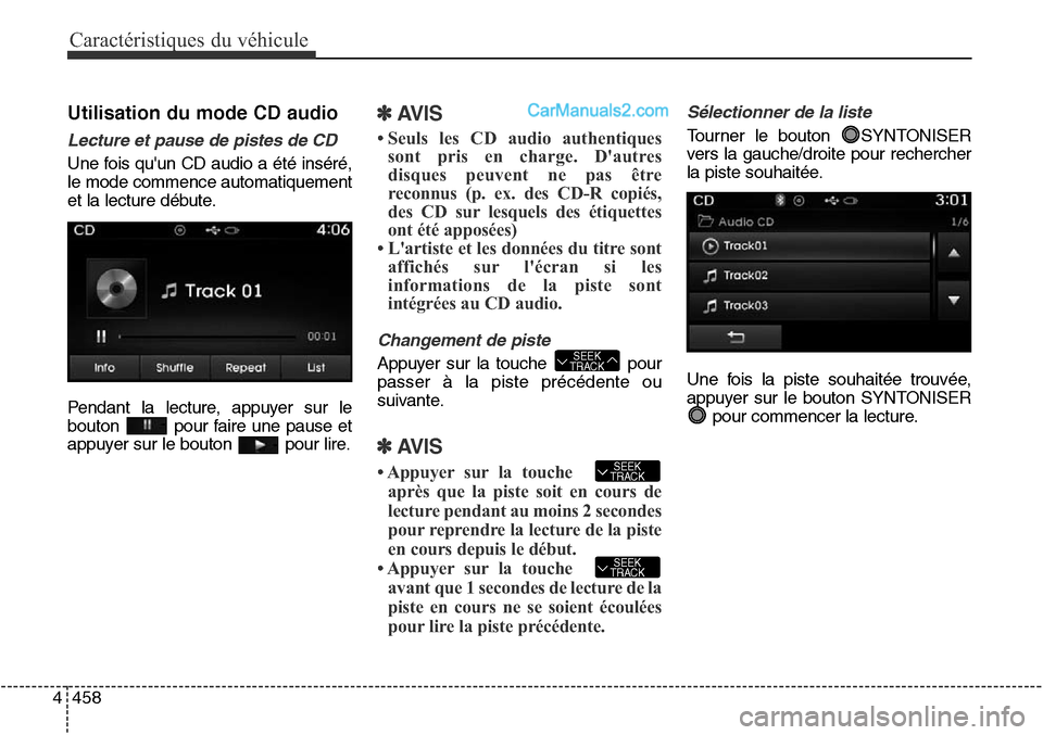 Hyundai Santa Fe Sport 2016  Manuel du propriétaire (in French) Caractéristiques du véhicule
458
4
Utilisation du mode CD audio
Lecture et pause de pistes de CD
Une fois quun CD audio a été inséré,
le mode commence automatiquement
et la lecture débute.
Pen
