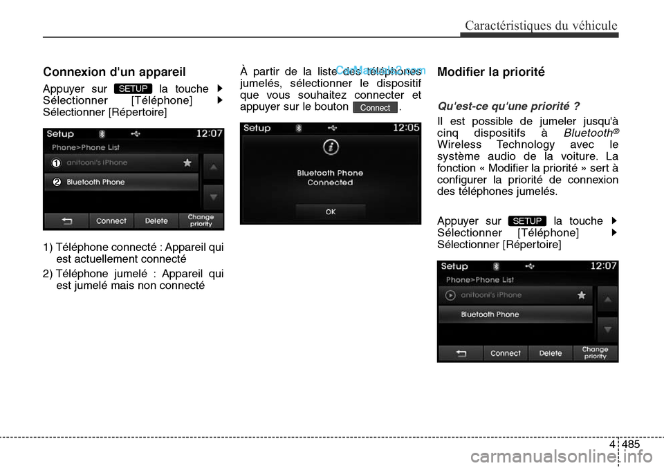 Hyundai Santa Fe Sport 2016  Manuel du propriétaire (in French) 4485
Caractéristiques du véhicule
Connexion dun appareil
Appuyer sur  la touche 
Sélectionner [Téléphone] 
Sélectionner [Répertoire]
1) Téléphone connecté : Appareil quiest actuellement con