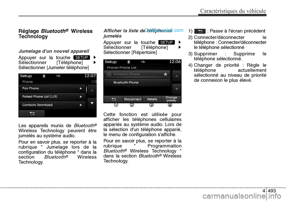 Hyundai Santa Fe Sport 2016  Manuel du propriétaire (in French) 4493
Caractéristiques du véhicule
RéglageBluetooth®Wireless
Technology
Jumelage dun nouvel appareil
Appuyer sur la touche 
Sélectionner [Téléphone] 
Sélectionner [Jumeler téléphone]
Les app