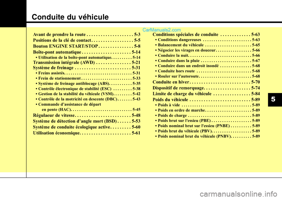 Hyundai Santa Fe Sport 2016 Manuel du propriétaire (in French) Conduite du véhicule
Avant de prendre la route . . . . . . . . . . . . . . . . . . . . 5-3
Positions de la clé de contact . . . . . . . . . . . . . . . . . . 5-5
Bouton ENGINE START/STOP . . . . . Hyundai Santa Fe Sport 2016 Manuel du propriétaire (in French) Conduite du véhicule
Avant de prendre la route . . . . . . . . . . . . . . . . . . . . 5-3
Positions de la clé de contact . . . . . . . . . . . . . . . . . . 5-5
Bouton ENGINE START/STOP . . . . .