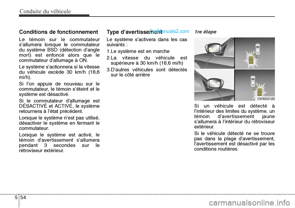 Hyundai Santa Fe Sport 2016  Manuel du propriétaire (in French) Conduite du véhicule
54
5
Conditions de fonctionnement
Le témoin sur le commutateur
s’allumera lorsque le commutateur
du système BSD (détection d’angle
mort) est enfoncé alors que le
commutat
