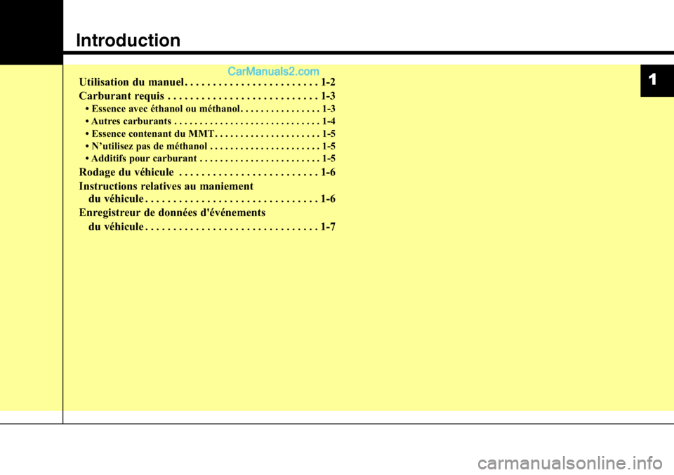Hyundai Santa Fe Sport 2016  Manuel du propriétaire (in French) Introduction
Utilisation du manuel . . . . . . . . . . . . . . . . . . . . . . . . 1-2
Carburant requis . . . . . . . . . . . . . . . . . . . . . . . . . . . 1-3
• Essence avec éthanol ou méthanol