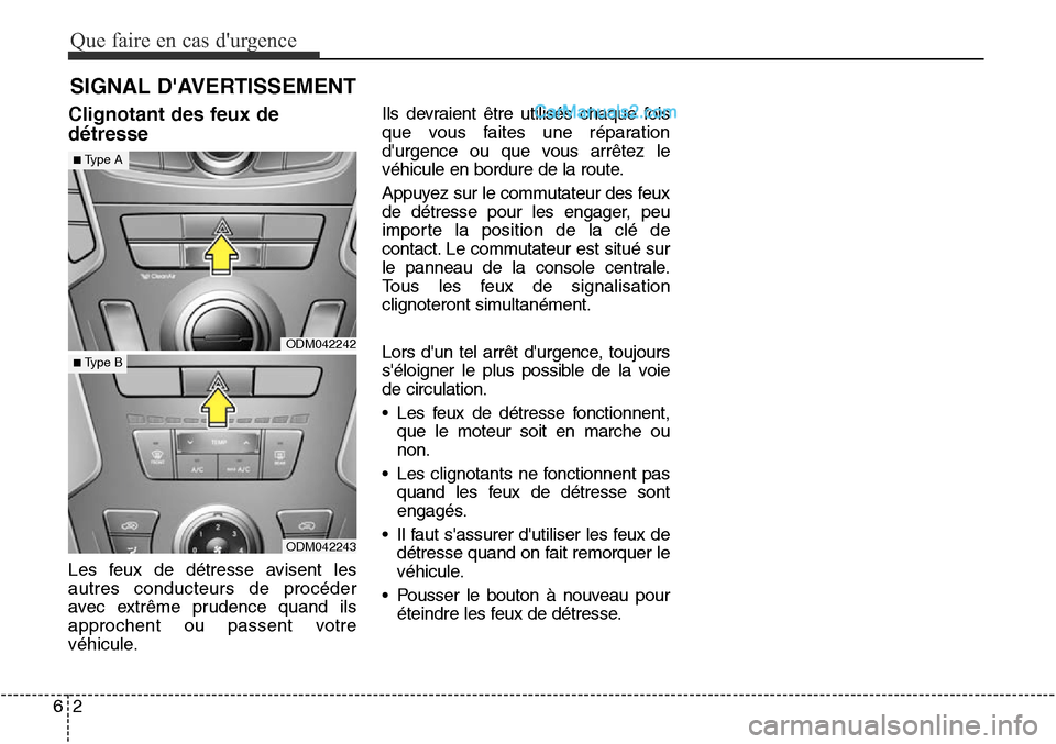 Hyundai Santa Fe Sport 2016  Manuel du propriétaire (in French) Que faire en cas durgence
26
SIGNAL DAVERTISSEMENT
Clignotant des feux de
détresse
Les feux de détresse avisent les
autres conducteurs de procéder
avec extrême prudence quand ils
approchent ou p