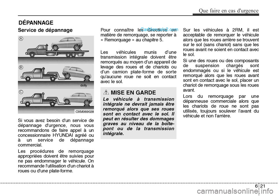 Hyundai Santa Fe Sport 2016 Manuel du propriétaire (in French) 621
Que faire en cas durgence
DÉPANNAGE
Service de dépannage
Si vous avez besoin dun service de
dépannage durgence, nous vous
recommandons de faire appel à un
concessionnaire HYUNDAI agréé ou Hyundai Santa Fe Sport 2016 Manuel du propriétaire (in French) 621
Que faire en cas durgence
DÉPANNAGE
Service de dépannage
Si vous avez besoin dun service de
dépannage durgence, nous vous
recommandons de faire appel à un
concessionnaire HYUNDAI agréé ou