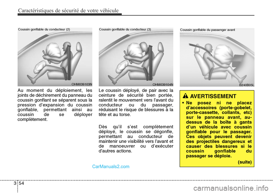Hyundai Santa Fe Sport 2016 Manuel du propriétaire (in French) Caractéristiques de sécurité de votre véhicule
54
3
Au moment du déploiement, les
joints de déchirement du panneau du
coussin gonflant se séparent sous la
pression d’expansion du coussin
gonf Hyundai Santa Fe Sport 2016 Manuel du propriétaire (in French) Caractéristiques de sécurité de votre véhicule
54
3
Au moment du déploiement, les
joints de déchirement du panneau du
coussin gonflant se séparent sous la
pression d’expansion du coussin
gonf
