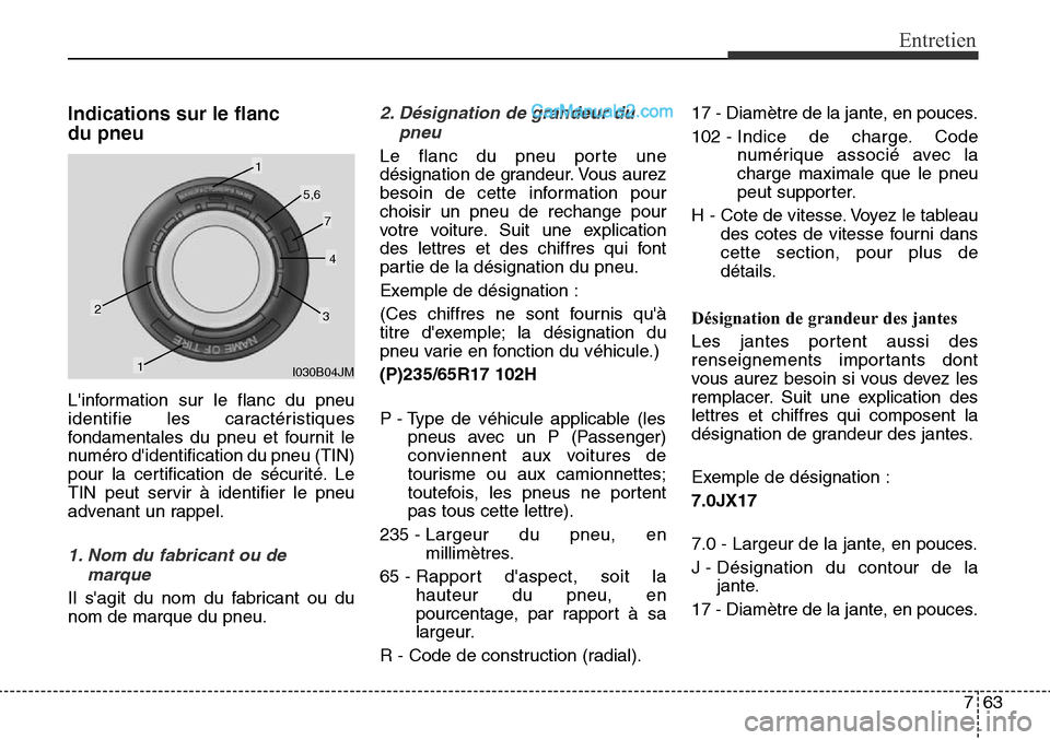Hyundai Santa Fe Sport 2016 Manuel du propriétaire (in French) 763
Entretien
Indications sur le flanc
du pneu
Linformation sur le flanc du pneu
identifie les caractéristiques
fondamentales du pneu et fournit le
numéro didentification du pneu (TIN)
pour la ce Hyundai Santa Fe Sport 2016 Manuel du propriétaire (in French) 763
Entretien
Indications sur le flanc
du pneu
Linformation sur le flanc du pneu
identifie les caractéristiques
fondamentales du pneu et fournit le
numéro didentification du pneu (TIN)
pour la ce