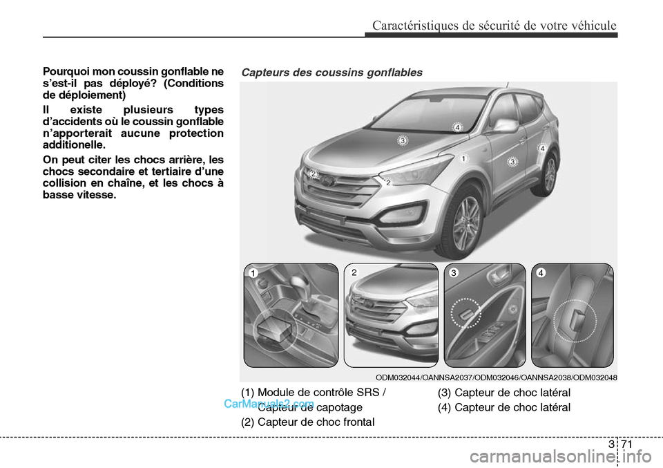 Hyundai Santa Fe Sport 2016 Manuel du propriétaire (in French) 371
Caractéristiques de sécurité de votre véhicule
Pourquoi mon coussin gonflable ne
s’est-il pas déployé? (Conditions
de déploiement)
Il existe plusieurs types
d’accidents où le coussin g Hyundai Santa Fe Sport 2016 Manuel du propriétaire (in French) 371
Caractéristiques de sécurité de votre véhicule
Pourquoi mon coussin gonflable ne
s’est-il pas déployé? (Conditions
de déploiement)
Il existe plusieurs types
d’accidents où le coussin g