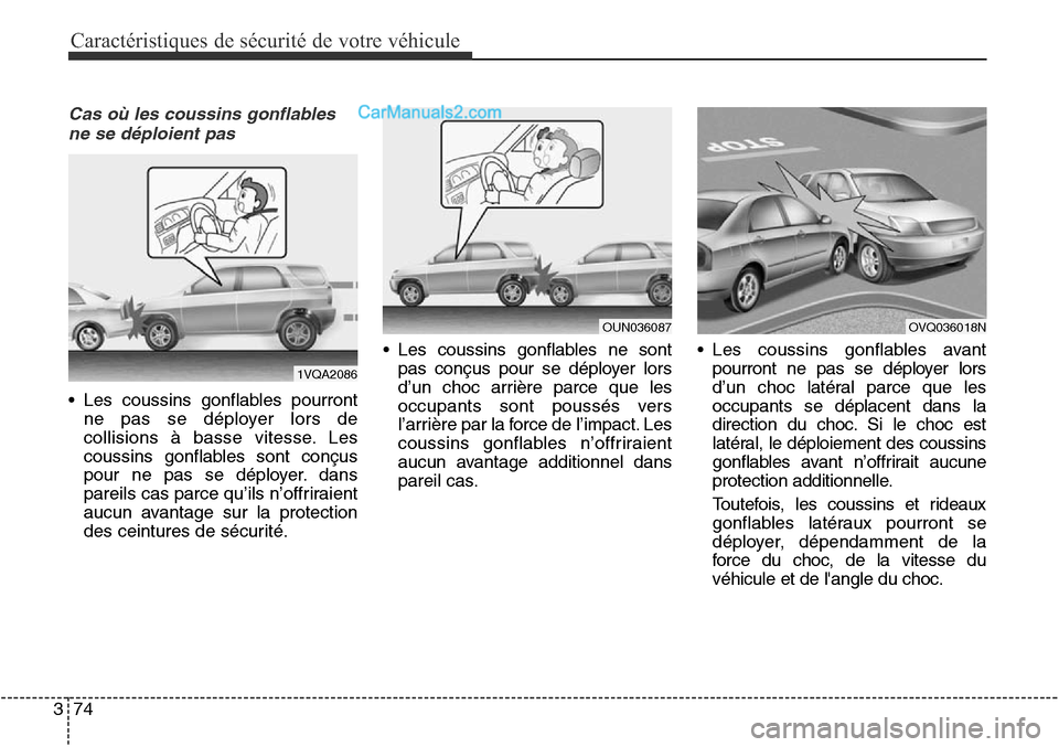 Hyundai Santa Fe Sport 2016 Manuel du propriétaire (in French) Caractéristiques de sécurité de votre véhicule
74
3
Cas où les coussins gonflables
ne se déploient pas
• Les coussins gonflables pourront ne pas se déployer lors de
collisions à basse vitess Hyundai Santa Fe Sport 2016 Manuel du propriétaire (in French) Caractéristiques de sécurité de votre véhicule
74
3
Cas où les coussins gonflables
ne se déploient pas
• Les coussins gonflables pourront ne pas se déployer lors de
collisions à basse vitess