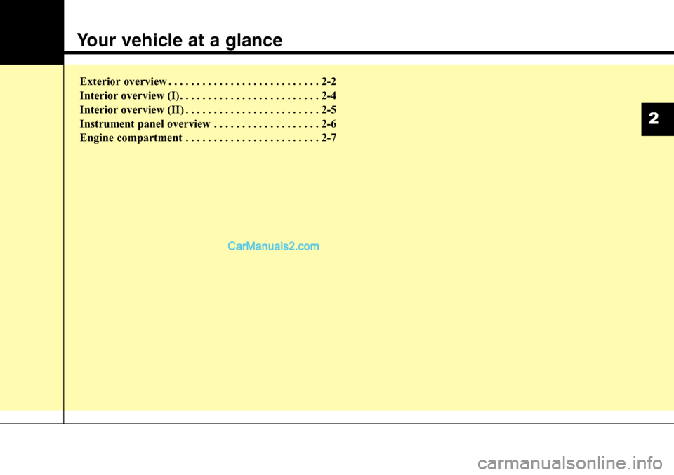 Hyundai Santa Fe Sport 2015 User Guide 2
Your vehicle at a glance
Exterior overview . . . . . . . . . . . . . . . . . . . . . . . . . . . 2-2
Interior overview (I). . . . . . . . . . . . . . . . . . . . . . . . . 2-4
Interior overview (II)