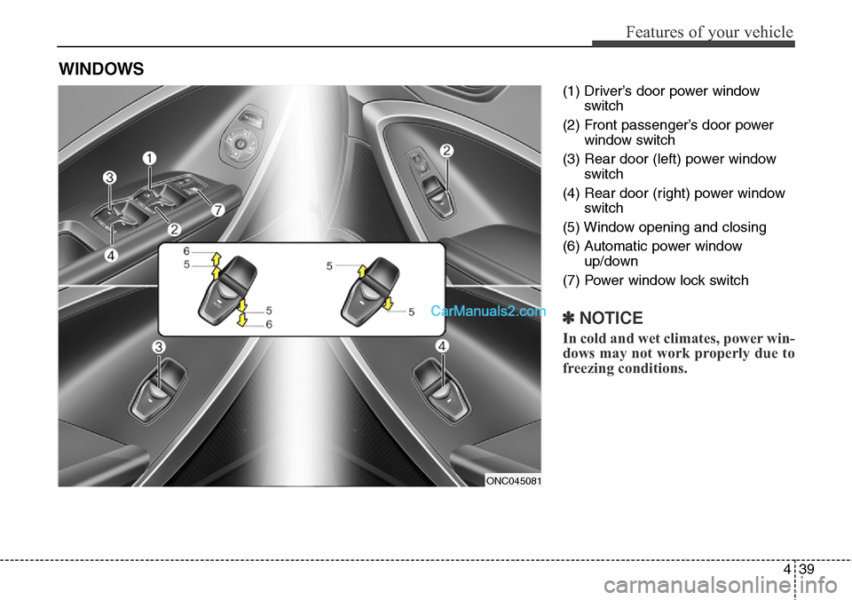 Hyundai Santa Fe Sport 2015 Owners Manual 439
Features of your vehicle
(1) Driver’s door power window
switch
(2) Front passenger’s door power
window switch
(3) Rear door (left) power window
switch
(4) Rear door (right) power window
switch Hyundai Santa Fe Sport 2015 Owners Manual 439
Features of your vehicle
(1) Driver’s door power window
switch
(2) Front passenger’s door power
window switch
(3) Rear door (left) power window
switch
(4) Rear door (right) power window
switch