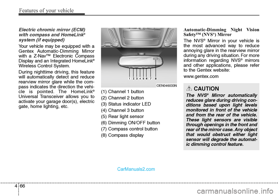 Hyundai Santa Fe Sport 2015  Owners Manual Features of your vehicle
66 4
Electric chromic mirror (ECM)
with compass and HomeLink®
system (if equipped)
Your vehicle may be equipped with a
Gentex Automatic-Dimming Mirror
with a Z-Nav™ Electro