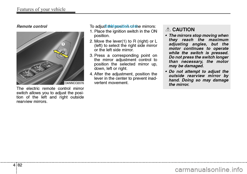 Hyundai Santa Fe Sport 2015 Owners Manual Features of your vehicle
82 4
Remote control
The electric remote control mirror
switch allows you to adjust the posi-
tion of the left and right outside
rearview mirrors.To adjust the position of the Hyundai Santa Fe Sport 2015 Owners Manual Features of your vehicle
82 4
Remote control
The electric remote control mirror
switch allows you to adjust the posi-
tion of the left and right outside
rearview mirrors.To adjust the position of the
