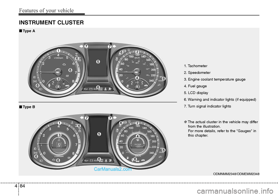 Hyundai Santa Fe Sport 2015 Owners Manual Features of your vehicle
84 4
INSTRUMENT CLUSTER
1. Tachometer
2. Speedometer
3. Engine coolant temperature gauge
4. Fuel gauge
5. LCD display
6. Warning and indicator lights (if equipped)
7. Turn si Hyundai Santa Fe Sport 2015 Owners Manual Features of your vehicle
84 4
INSTRUMENT CLUSTER
1. Tachometer
2. Speedometer
3. Engine coolant temperature gauge
4. Fuel gauge
5. LCD display
6. Warning and indicator lights (if equipped)
7. Turn si
