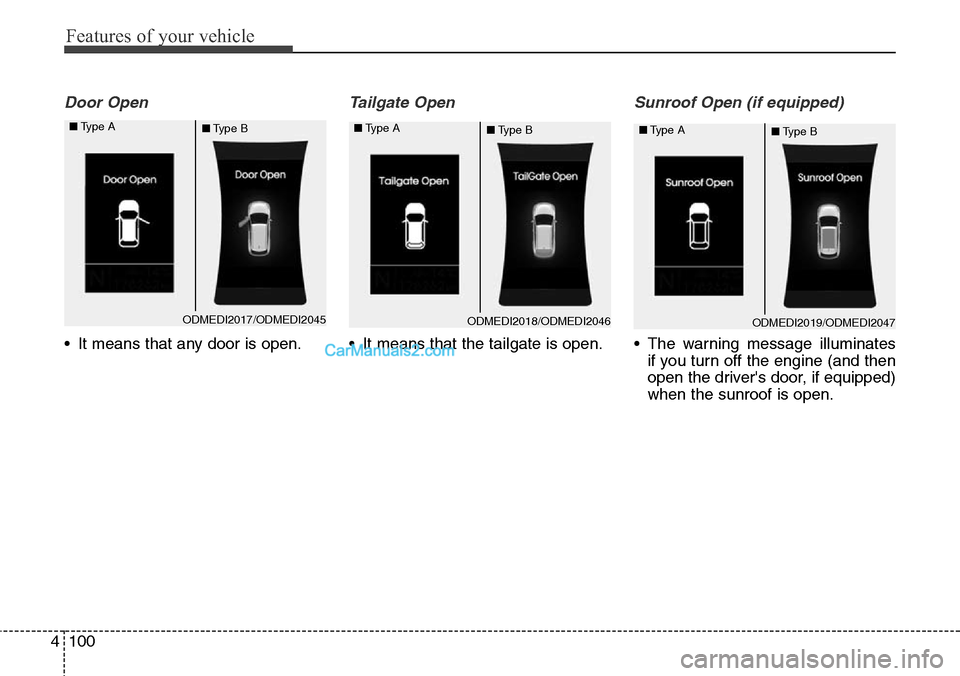 Hyundai Santa Fe Sport 2015  Owners Manual Features of your vehicle
100 4
Door Open
• It means that any door is open.
Tailgate Open 
• It means that the tailgate is open.
Sunroof Open (if equipped)
• The warning message illuminates
if yo