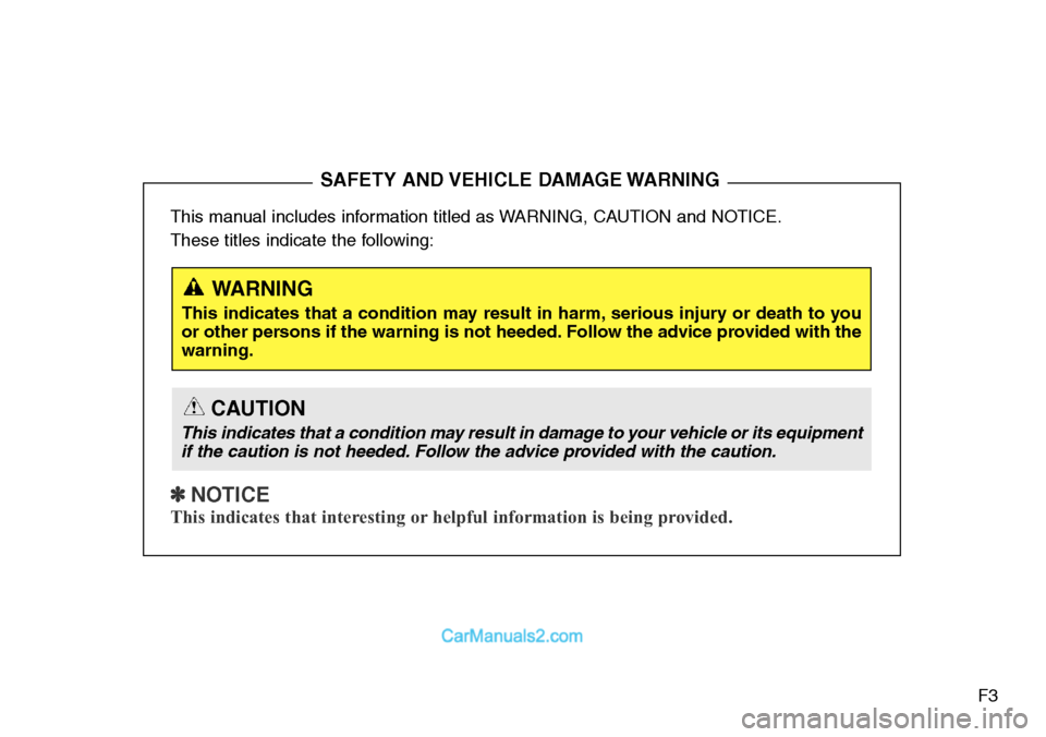 Hyundai Santa Fe Sport 2015 Owners Manual F3 This manual includes information titled as WARNING, CAUTION and NOTICE.
These titles indicate the following:
✽ NOTICE
This indicates that interesting or helpful information is being provided.
SAF Hyundai Santa Fe Sport 2015 Owners Manual F3 This manual includes information titled as WARNING, CAUTION and NOTICE.
These titles indicate the following:
✽ NOTICE
This indicates that interesting or helpful information is being provided.
SAF