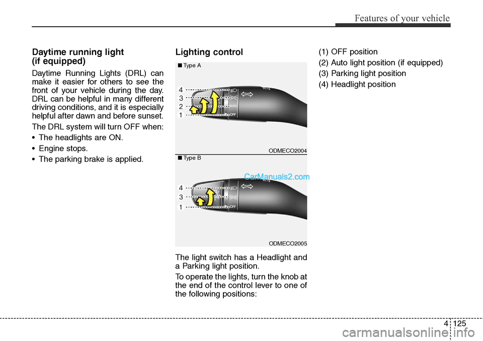 Hyundai Santa Fe Sport 2015  Owners Manual 4125
Features of your vehicle
Daytime running light 
(if equipped)
Daytime Running Lights (DRL) can
make it easier for others to see the
front of your vehicle during the day.
DRL can be helpful in man