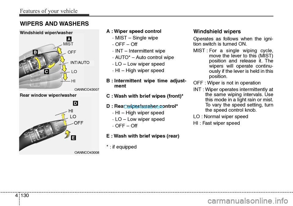 Hyundai Santa Fe Sport 2015 Owners Manual Features of your vehicle
130 4
A : Wiper speed control
· MIST – Single wipe
· OFF – Off
· INT – Intermittent wipe
· AUTO* – Auto control wipe
· LO – Low wiper speed
· HI – High wipe Hyundai Santa Fe Sport 2015 Owners Manual Features of your vehicle
130 4
A : Wiper speed control
· MIST – Single wipe
· OFF – Off
· INT – Intermittent wipe
· AUTO* – Auto control wipe
· LO – Low wiper speed
· HI – High wipe