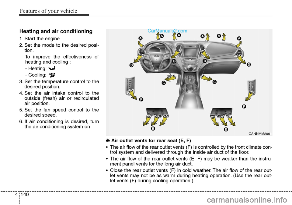 Hyundai Santa Fe Sport 2015 Owners Manual Features of your vehicle
140 4
Heating and air conditioning
1. Start the engine.
2. Set the mode to the desired posi-
tion.
To improve the effectiveness of
heating and cooling :
- Heating:
- Cooling:
Hyundai Santa Fe Sport 2015 Owners Manual Features of your vehicle
140 4
Heating and air conditioning
1. Start the engine.
2. Set the mode to the desired posi-
tion.
To improve the effectiveness of
heating and cooling :
- Heating:
- Cooling: