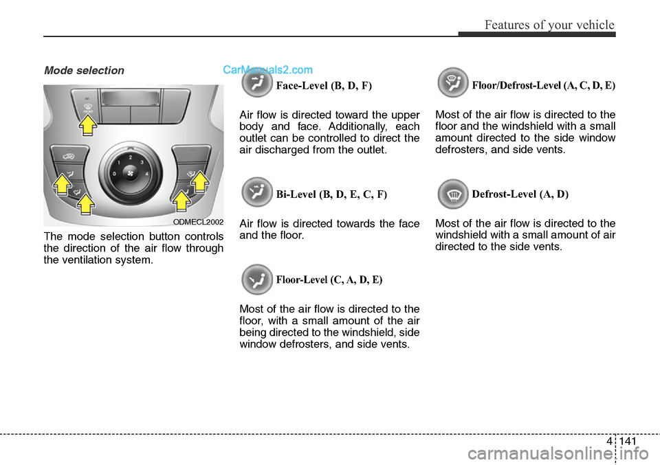 Hyundai Santa Fe Sport 2015 Owners Manual 4141
Features of your vehicle
Mode selection
The mode selection button controls
the direction of the air flow through
the ventilation system.Face-Level (B, D, F)
Air flow is directed toward the upper
Hyundai Santa Fe Sport 2015 Owners Manual 4141
Features of your vehicle
Mode selection
The mode selection button controls
the direction of the air flow through
the ventilation system.Face-Level (B, D, F)
Air flow is directed toward the upper