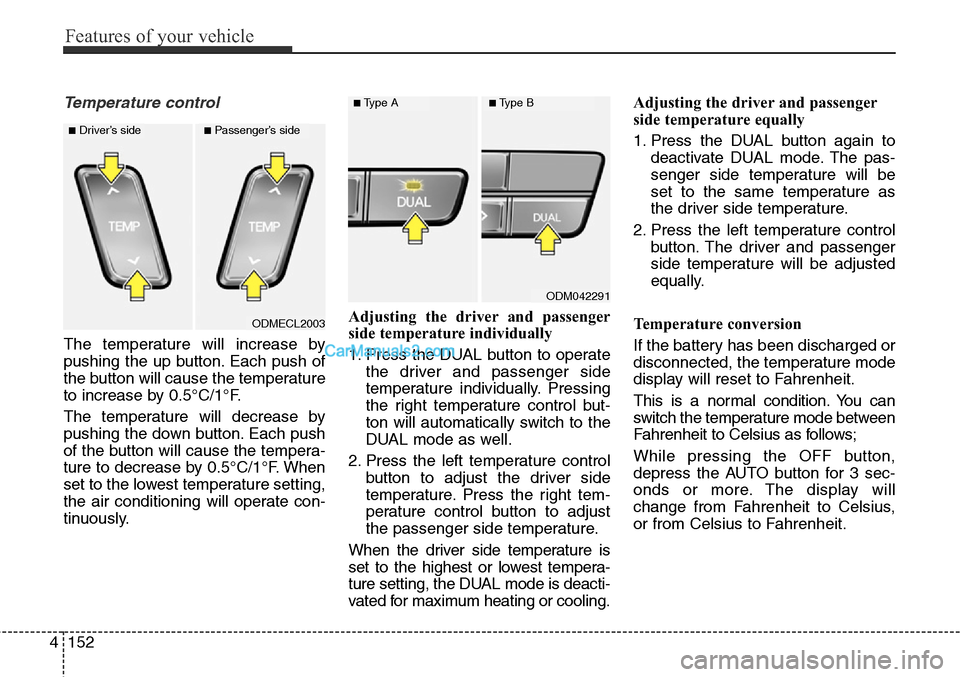 Hyundai Santa Fe Sport 2015  Owners Manual Features of your vehicle
152 4
Temperature control
The temperature will increase by
pushing the up button. Each push of
the button will cause the temperature
to increase by 0.5°C/1°F.
The temperatur