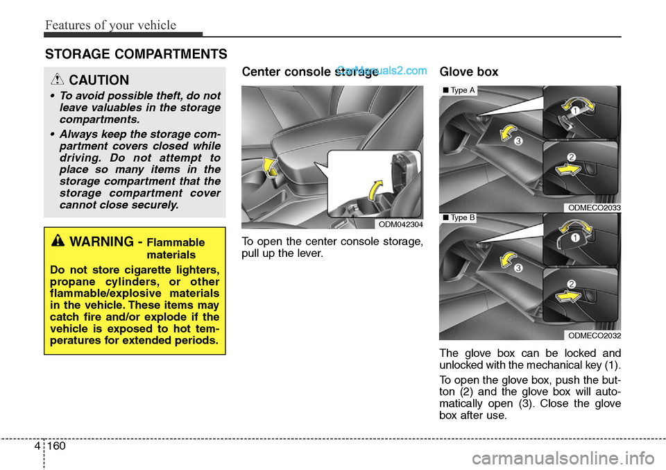 Hyundai Santa Fe Sport 2015  Owners Manual Features of your vehicle
160 4
Center console storage 
To open the center console storage,
pull up the lever.
Glove box
The glove box can be locked and
unlocked with the mechanical key (1).
To open th