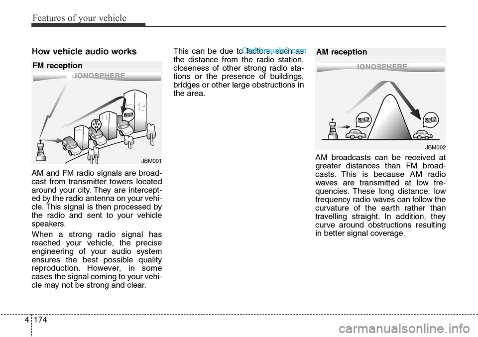 Hyundai Santa Fe Sport 2015 Owners Manual Features of your vehicle
174 4
How vehicle audio works
AM and FM radio signals are broad-
cast from transmitter towers located
around your city. They are intercept-
ed by the radio antenna on your veh Hyundai Santa Fe Sport 2015 Owners Manual Features of your vehicle
174 4
How vehicle audio works
AM and FM radio signals are broad-
cast from transmitter towers located
around your city. They are intercept-
ed by the radio antenna on your veh