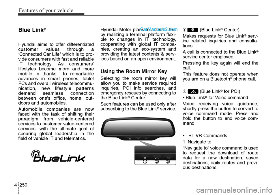 Hyundai Santa Fe Sport 2015 Owners Manual Features of your vehicle
250 4
Blue Link®
Hyundai aims to offer differentiated
customer values through a
‘Connected Car Life,’ which is to pro-
vide consumers with fast and reliable
IT technology Hyundai Santa Fe Sport 2015 Owners Manual Features of your vehicle
250 4
Blue Link®
Hyundai aims to offer differentiated
customer values through a
‘Connected Car Life,’ which is to pro-
vide consumers with fast and reliable
IT technology