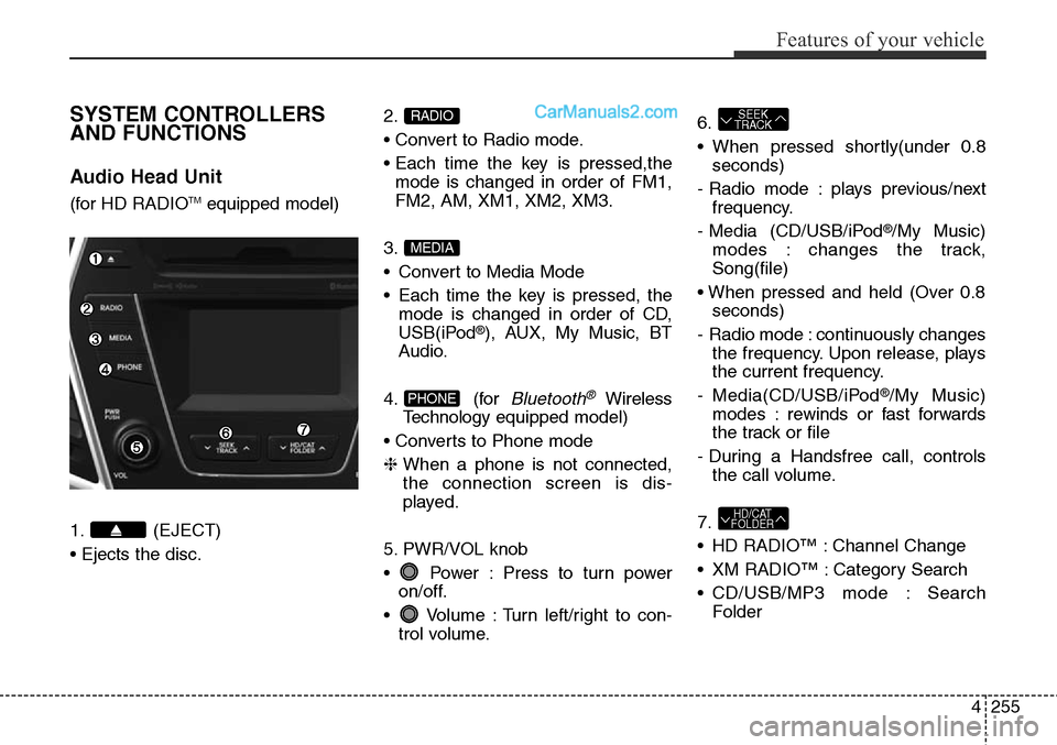 Hyundai Santa Fe Sport 2015 Owners Manual 4255
Features of your vehicle
SYSTEM CONTROLLERS
AND FUNCTIONS
Audio Head Unit
(for HD RADIOTMequipped model)
1. (EJECT)
• Ejects the disc.2.
• Convert to Radio mode.
• Each time the key is pre Hyundai Santa Fe Sport 2015 Owners Manual 4255
Features of your vehicle
SYSTEM CONTROLLERS
AND FUNCTIONS
Audio Head Unit
(for HD RADIOTMequipped model)
1. (EJECT)
• Ejects the disc.2.
• Convert to Radio mode.
• Each time the key is pre