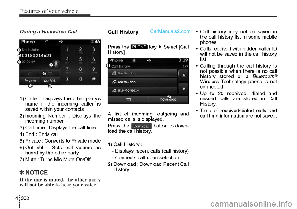 Hyundai Santa Fe Sport 2015 Owners Manual Features of your vehicle
302 4
During a Handsfree Call
1) Caller : Displays the other party’s
name if the incoming caller is
saved within your contacts
2) Incoming Number : Displays the
incoming num Hyundai Santa Fe Sport 2015 Owners Manual Features of your vehicle
302 4
During a Handsfree Call
1) Caller : Displays the other party’s
name if the incoming caller is
saved within your contacts
2) Incoming Number : Displays the
incoming num