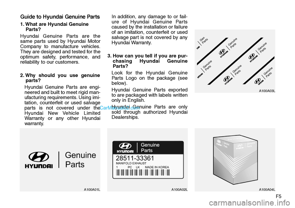 Hyundai Santa Fe Sport 2015 Owners Manual F5
Guide to Hyundai Genuine Parts
1. What are Hyundai Genuine
Parts?
Hyundai Genuine Parts are the
same parts used by Hyundai Motor
Company to manufacture vehicles.
They are designed and tested for th Hyundai Santa Fe Sport 2015 Owners Manual F5
Guide to Hyundai Genuine Parts
1. What are Hyundai Genuine
Parts?
Hyundai Genuine Parts are the
same parts used by Hyundai Motor
Company to manufacture vehicles.
They are designed and tested for th