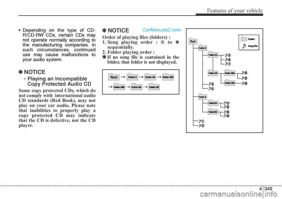 Hyundai Santa Fe Sport 2015  Owners Manual 4349
Features of your vehicle
• Depending on the type of CD-
R/CD-RW CDs, certain CDs may
not operate normally according to
the manufacturing companies. In
such circumstances, continued
use may caus