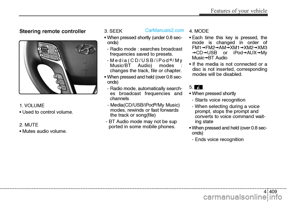 Hyundai Santa Fe Sport 2015 Owners Manual 4409
Features of your vehicle
Steering remote controller
1. VOLUME
• Used to control volume.
2. MUTE
• Mutes audio volume.3. SEEK
• When pressed shortly (under 0.8 sec-
onds)
- Radio mode : sear Hyundai Santa Fe Sport 2015 Owners Manual 4409
Features of your vehicle
Steering remote controller
1. VOLUME
• Used to control volume.
2. MUTE
• Mutes audio volume.3. SEEK
• When pressed shortly (under 0.8 sec-
onds)
- Radio mode : sear