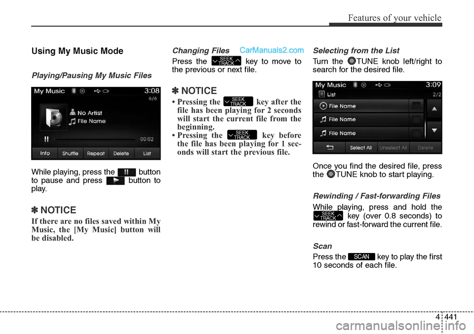 Hyundai Santa Fe Sport 2015 Owners Manual 4441
Features of your vehicle
Using My Music Mode
Playing/Pausing My Music Files
While playing, press the button
to pause and press button to
play.
✽NOTICE
If there are no files saved within My
Mu Hyundai Santa Fe Sport 2015 Owners Manual 4441
Features of your vehicle
Using My Music Mode
Playing/Pausing My Music Files
While playing, press the button
to pause and press button to
play.
✽NOTICE
If there are no files saved within My
Mu