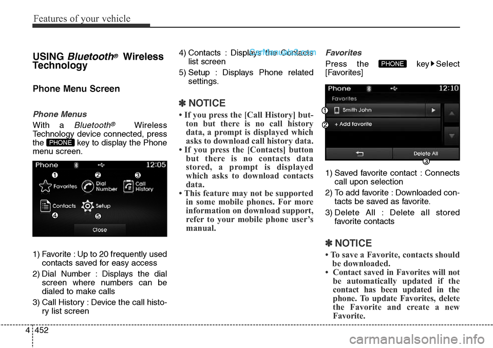 Hyundai Santa Fe Sport 2015  Owners Manual Features of your vehicle
452 4
USING Bluetooth®Wireless
Technology
Phone Menu Screen
Phone Menus
With a Bluetooth®Wireless
Technology device connected, press
the  key to display the Phone
menu scree