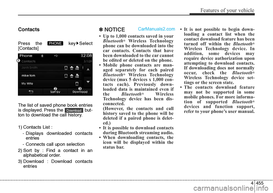 Hyundai Santa Fe Sport 2015  Owners Manual 4455
Features of your vehicle
Contacts
Press the  key Select
[Contacts]
The list of saved phone book entries
is displayed. Press the  but-
ton to download the call history.
1) Contacts List :
- Displa