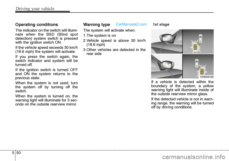 Hyundai Santa Fe Sport 2015 Owners Manual Driving your vehicle
50 5
Operating conditions
The indicator on the switch will illumi-
nate when the BSD (Blind spot
detection) system switch is pressed
with the ignition switch ON.
If the vehicle sp Hyundai Santa Fe Sport 2015 Owners Manual Driving your vehicle
50 5
Operating conditions
The indicator on the switch will illumi-
nate when the BSD (Blind spot
detection) system switch is pressed
with the ignition switch ON.
If the vehicle sp