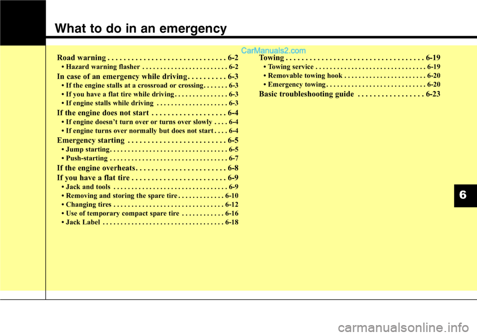 Hyundai Santa Fe Sport 2015 Owners Manual What to do in an emergency
Road warning . . . . . . . . . . . . . . . . . . . . . . . . . . . . . . 6-2
• Hazard warning flasher . . . . . . . . . . . . . . . . . . . . . . . . 6-2
In case of an eme Hyundai Santa Fe Sport 2015 Owners Manual What to do in an emergency
Road warning . . . . . . . . . . . . . . . . . . . . . . . . . . . . . . 6-2
• Hazard warning flasher . . . . . . . . . . . . . . . . . . . . . . . . 6-2
In case of an eme