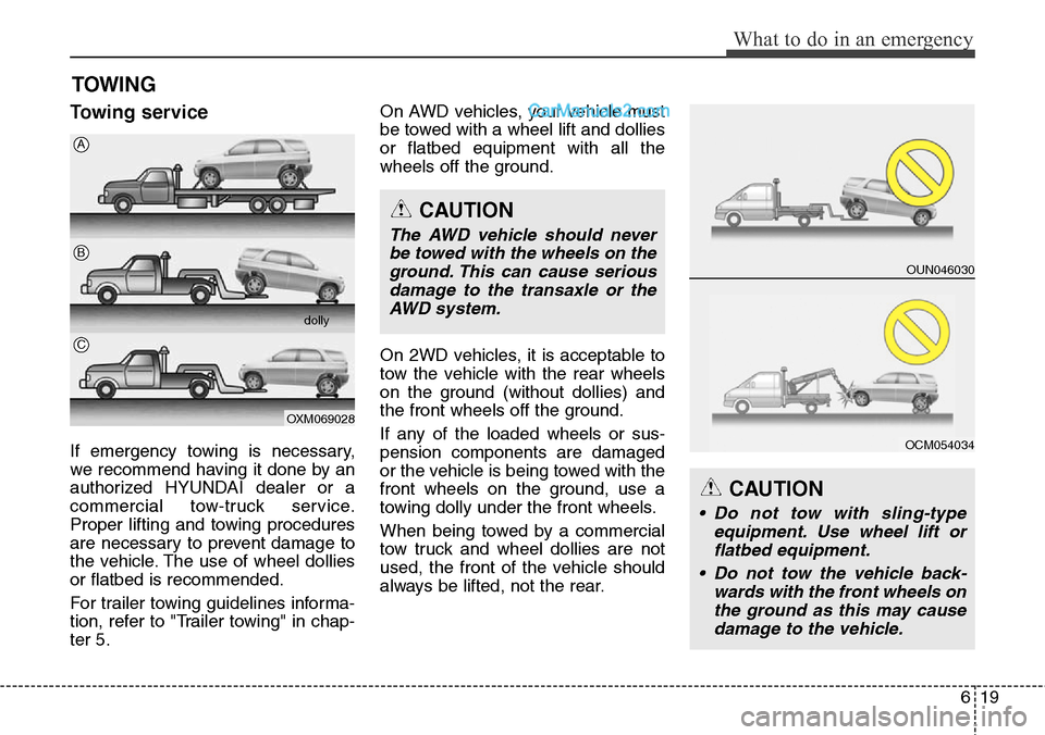 Hyundai Santa Fe Sport 2015 Owners Manual 619
What to do in an emergency
TOWING
Towing service
If emergency towing is necessary,
we recommend having it done by an
authorized HYUNDAI dealer or a
commercial tow-truck service.
Proper lifting and Hyundai Santa Fe Sport 2015 Owners Manual 619
What to do in an emergency
TOWING
Towing service
If emergency towing is necessary,
we recommend having it done by an
authorized HYUNDAI dealer or a
commercial tow-truck service.
Proper lifting and