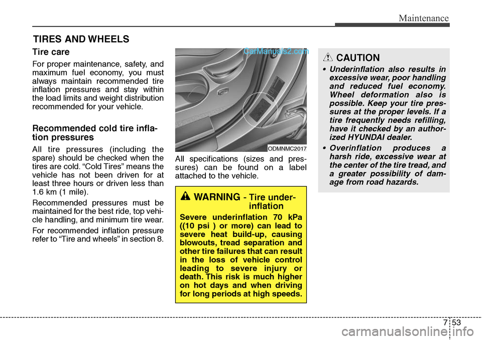 Hyundai Santa Fe Sport 2015  Owners Manual 753
Maintenance
TIRES AND WHEELS
Tire care
For proper maintenance, safety, and
maximum fuel economy, you must
always maintain recommended tire
inflation pressures and stay within
the load limits and w