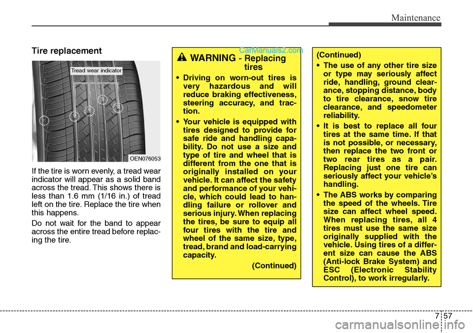 Hyundai Santa Fe Sport 2015 Owners Manual 757
Maintenance
Tire replacement
If the tire is worn evenly, a tread wear
indicator will appear as a solid band
across the tread. This shows there is
less than 1.6 mm (1/16 in.) of tread
left on the t Hyundai Santa Fe Sport 2015 Owners Manual 757
Maintenance
Tire replacement
If the tire is worn evenly, a tread wear
indicator will appear as a solid band
across the tread. This shows there is
less than 1.6 mm (1/16 in.) of tread
left on the t