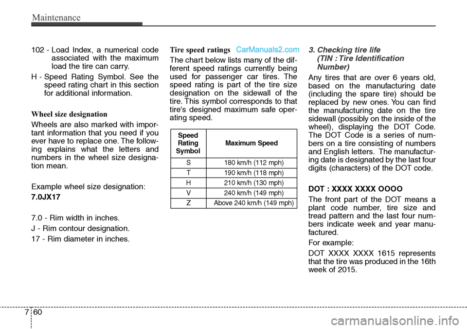 Hyundai Santa Fe Sport 2015 Owners Manual Maintenance
60 7
102 - Load Index, a numerical code
associated with the maximum
load the tire can carry.
H - Speed Rating Symbol. See the
speed rating chart in this section
for additional information. Hyundai Santa Fe Sport 2015 Owners Manual Maintenance
60 7
102 - Load Index, a numerical code
associated with the maximum
load the tire can carry.
H - Speed Rating Symbol. See the
speed rating chart in this section
for additional information.