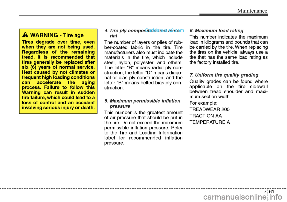 Hyundai Santa Fe Sport 2015 User Guide 761
Maintenance
4. Tire ply composition and mate-
rial
The number of layers or plies of rub-
ber-coated fabric in the tire. Tire
manufacturers also must indicate the
materials in the tire, which inclu