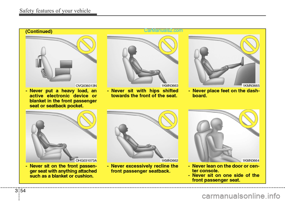 Hyundai Santa Fe Sport 2015 Manual PDF Safety features of your vehicle
54 3
1KMN3663
1KMN3664
1KMN3665
- Never sit with hips shifted
towards the front of the seat.
- Never lean on the door or cen-
ter console.
- Never sit on one side of th Hyundai Santa Fe Sport 2015 Manual PDF Safety features of your vehicle
54 3
1KMN3663
1KMN3664
1KMN3665
- Never sit with hips shifted
towards the front of the seat.
- Never lean on the door or cen-
ter console.
- Never sit on one side of th