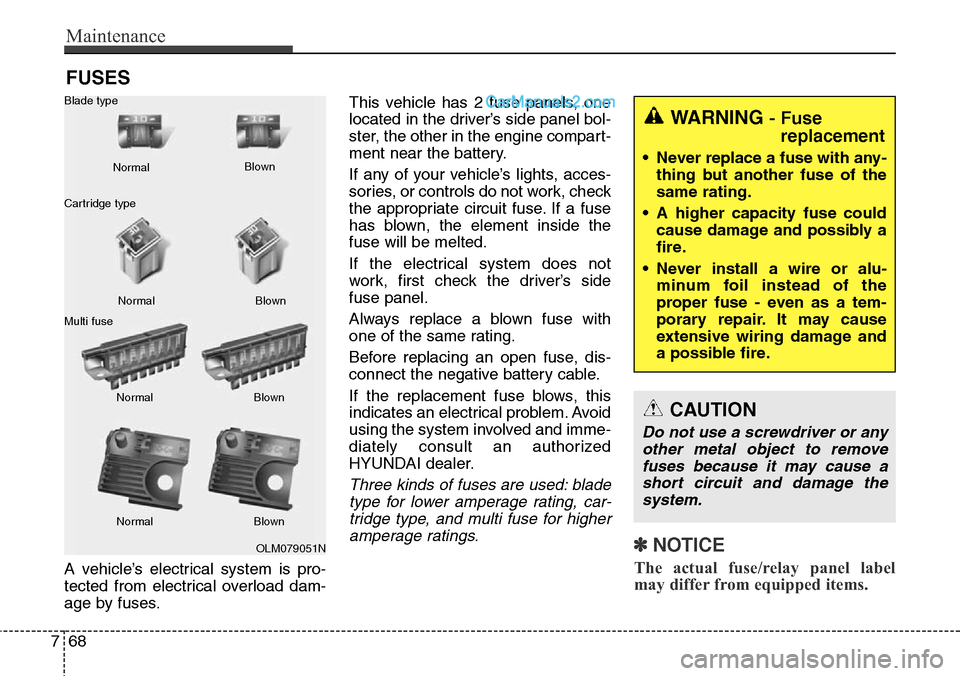 Hyundai Santa Fe Sport 2015 Owners Manual Maintenance
68 7
FUSES
A vehicle’s electrical system is pro-
tected from electrical overload dam-
age by fuses.This vehicle has 2 fuse panels, one
located in the driver’s side panel bol-
ster, the Hyundai Santa Fe Sport 2015 Owners Manual Maintenance
68 7
FUSES
A vehicle’s electrical system is pro-
tected from electrical overload dam-
age by fuses.This vehicle has 2 fuse panels, one
located in the driver’s side panel bol-
ster, the