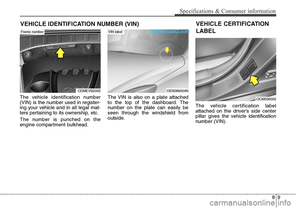 Hyundai Santa Fe Sport 2015  Owners Manual 89
Specifications & Consumer information
The vehicle identification number
(VIN) is the number used in register-
ing your vehicle and in all legal mat-
ters pertaining to its ownership, etc.
The numbe