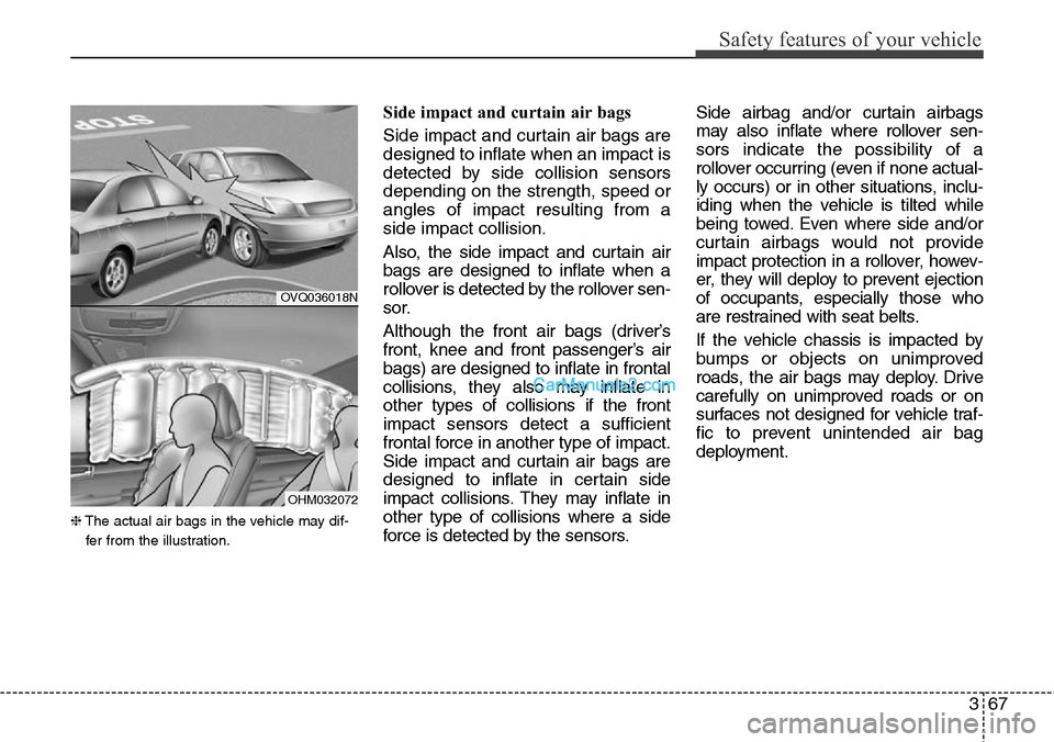 Hyundai Santa Fe Sport 2015 Manual Online 367
Safety features of your vehicle
❈The actual air bags in the vehicle may dif-
fer from the illustration.
Side impact and curtain air bags
Side impact and curtain air bags are
designed to inflate Hyundai Santa Fe Sport 2015 Manual Online 367
Safety features of your vehicle
❈The actual air bags in the vehicle may dif-
fer from the illustration.
Side impact and curtain air bags
Side impact and curtain air bags are
designed to inflate